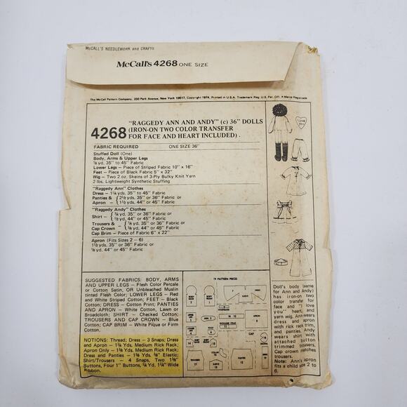 MCCALLS Pattern 4268 Vtg '74 Raggedy Ann & Andy 36” Dolls, Child Apron 2-6 UNCUT - Picture 3 of 4